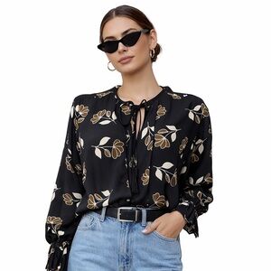 JOIE Black Cream Floral Drapey Blouse Long Sleeve V Neck Tassel Tie Size S